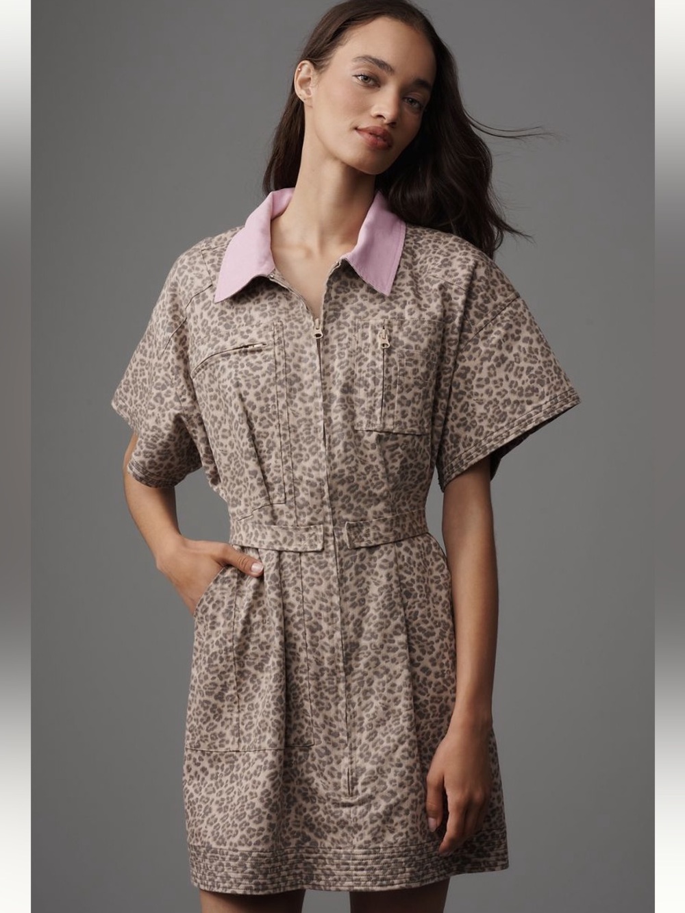 Maeve Leopard Print Zip Dress with Pink Collar